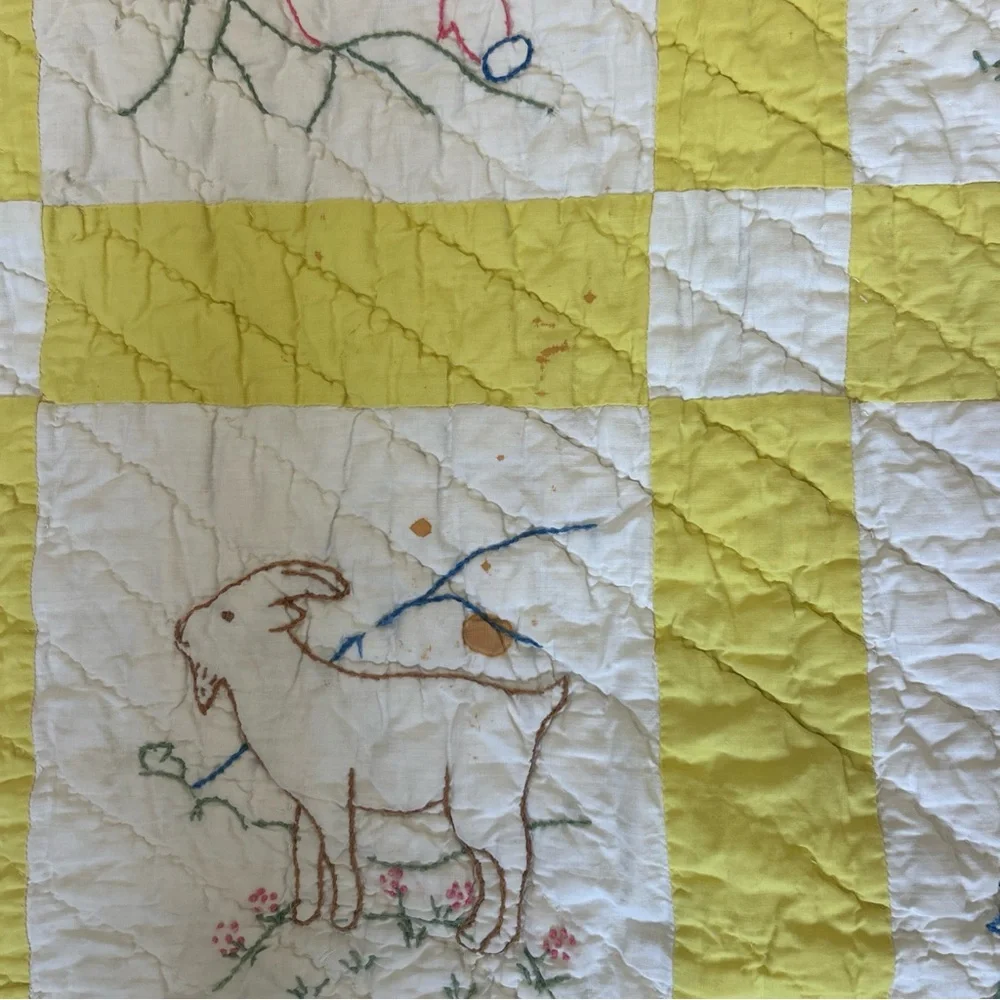 Vintage Handmade quilt Baby Blanket Embroidered Animals Yellow 64x78